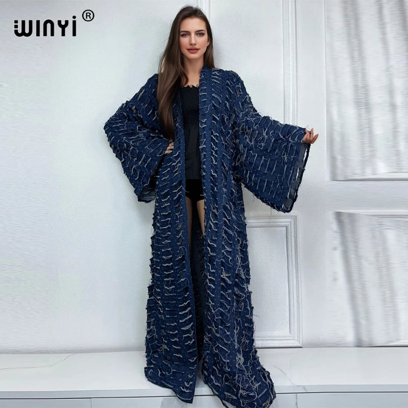 Abaya Blue- Denim maxi kimono abaya Dubai luxury