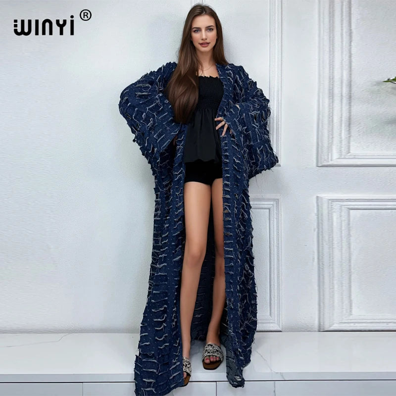 Abaya Blue- Denim maxi kimono abaya Dubai luxury