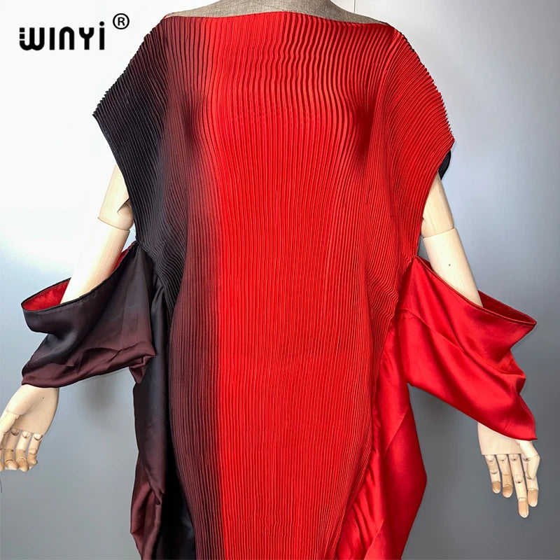 Asia - Pleated Elastic loose dress Gradient color kaftan Dubai Luxury